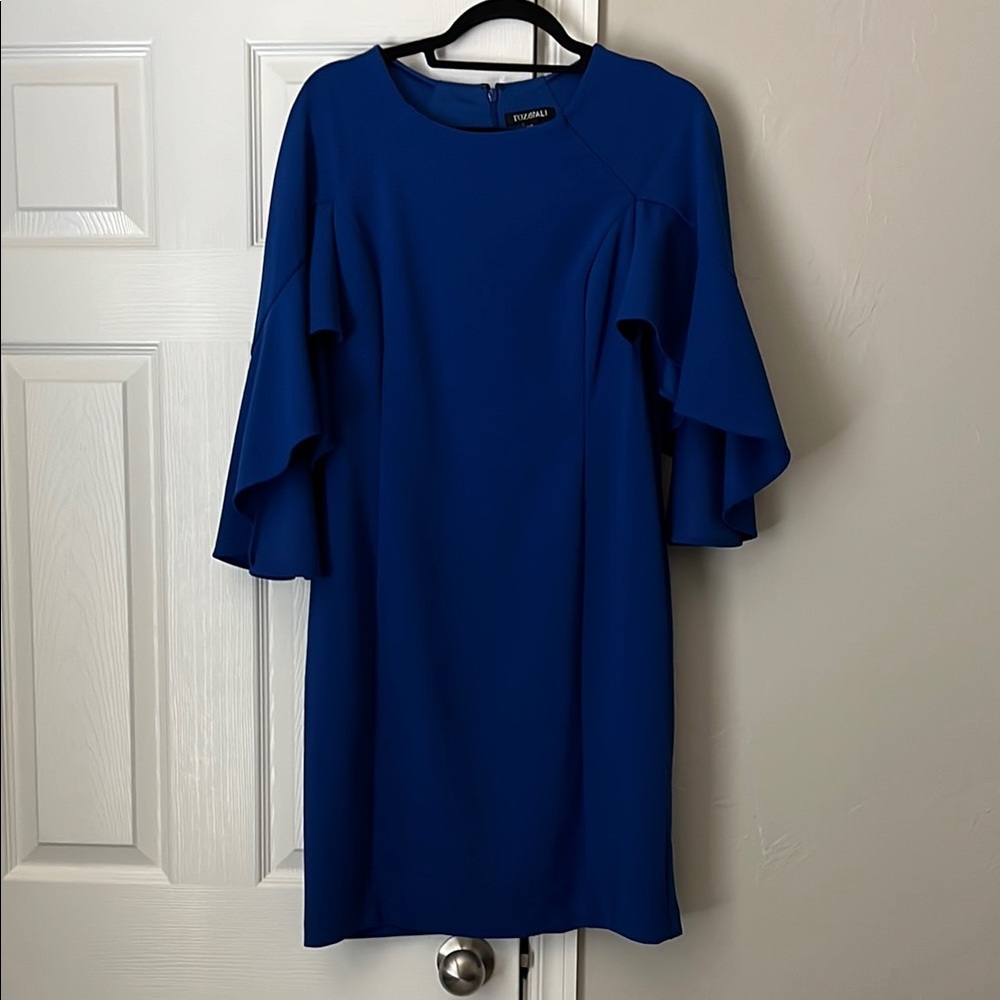 Roz & Ali Blue Ruffled Sheath Dress with Bell Sleeves